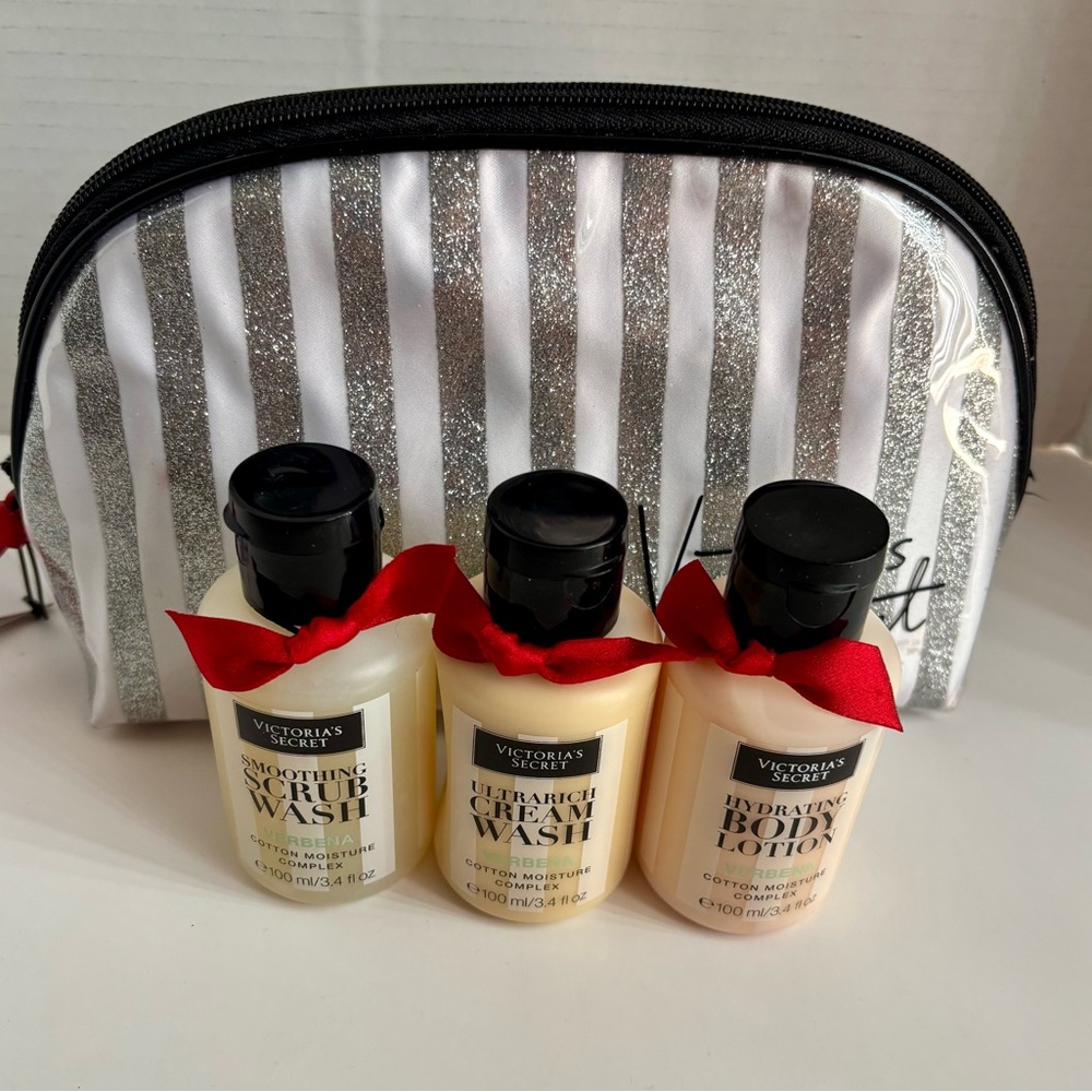 Victoria’s Secret Silver  Glitter Stripe Makeup Cosmetic Bag Verbena Gift Set